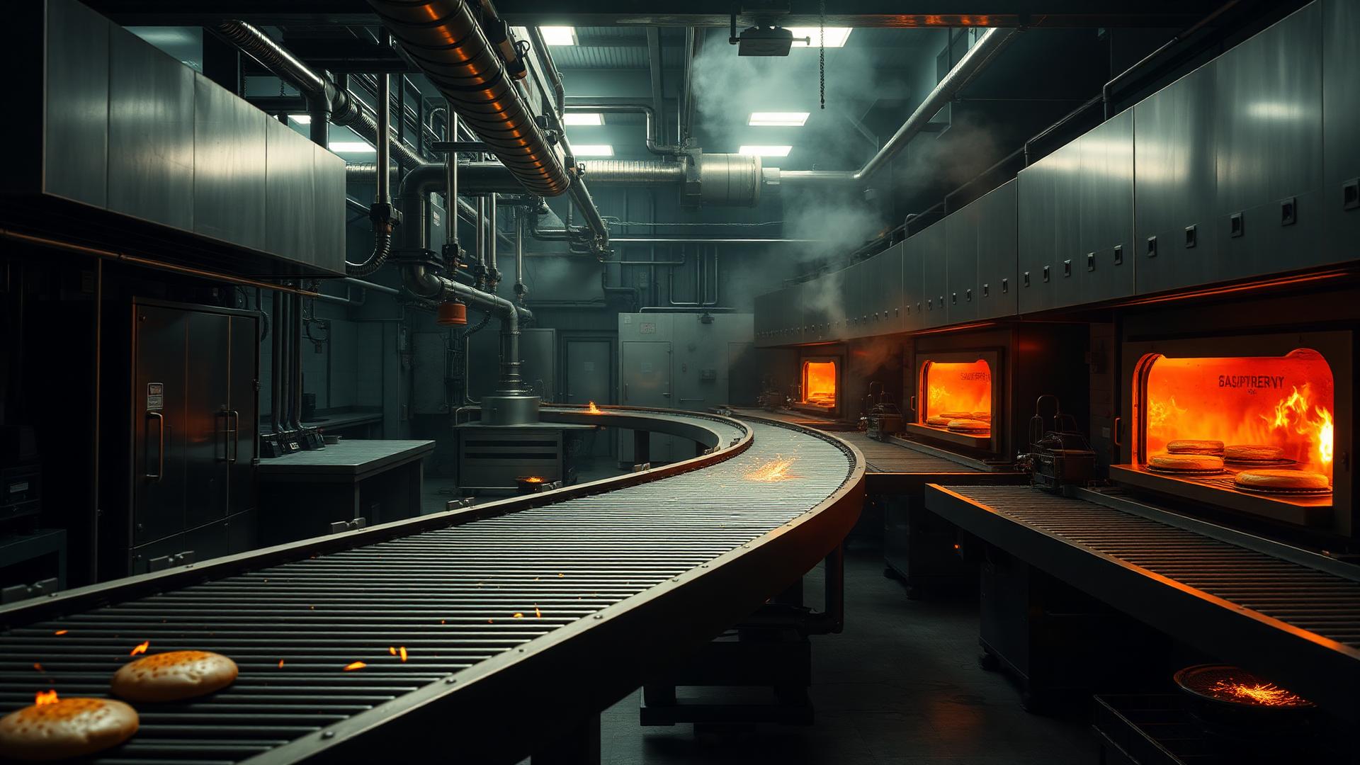 TITAN STACK industrial mega-kitchen with conveyor belts and furnaces
