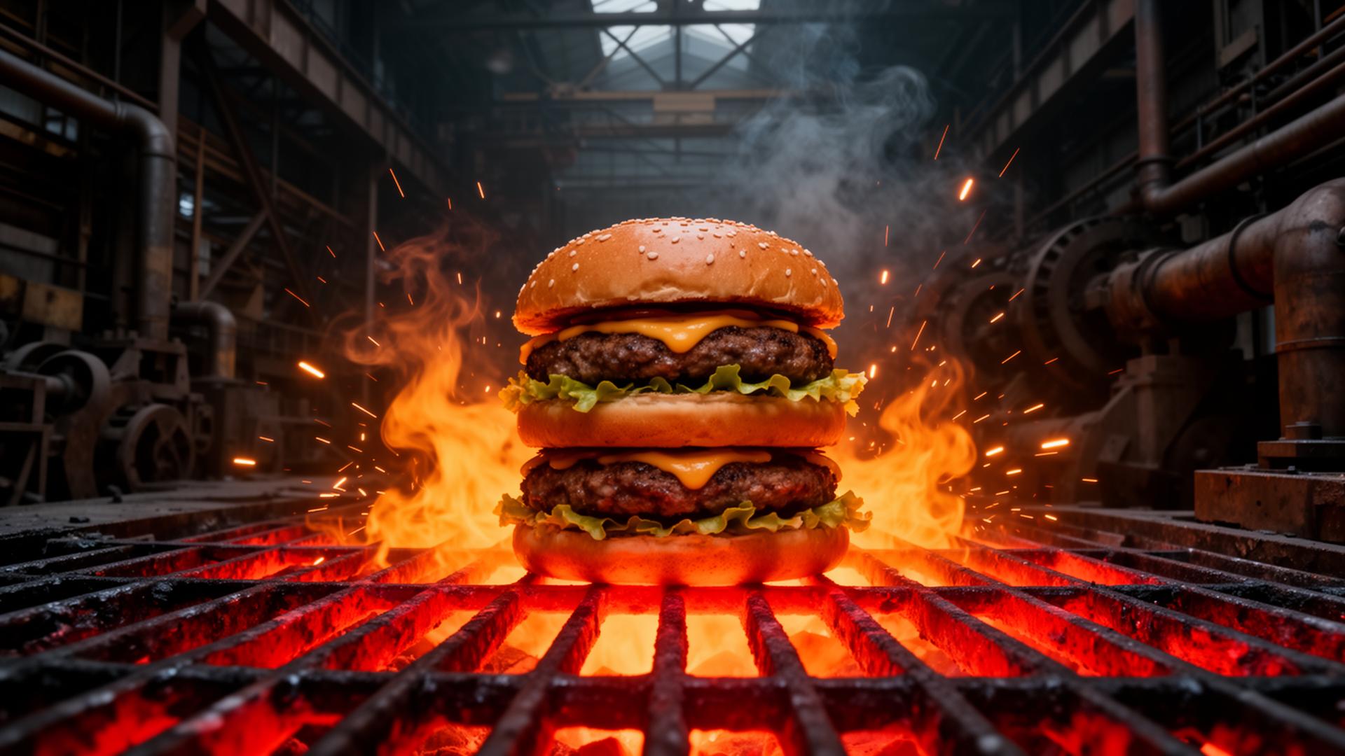 Titan double-stack burger on industrial fire grill
